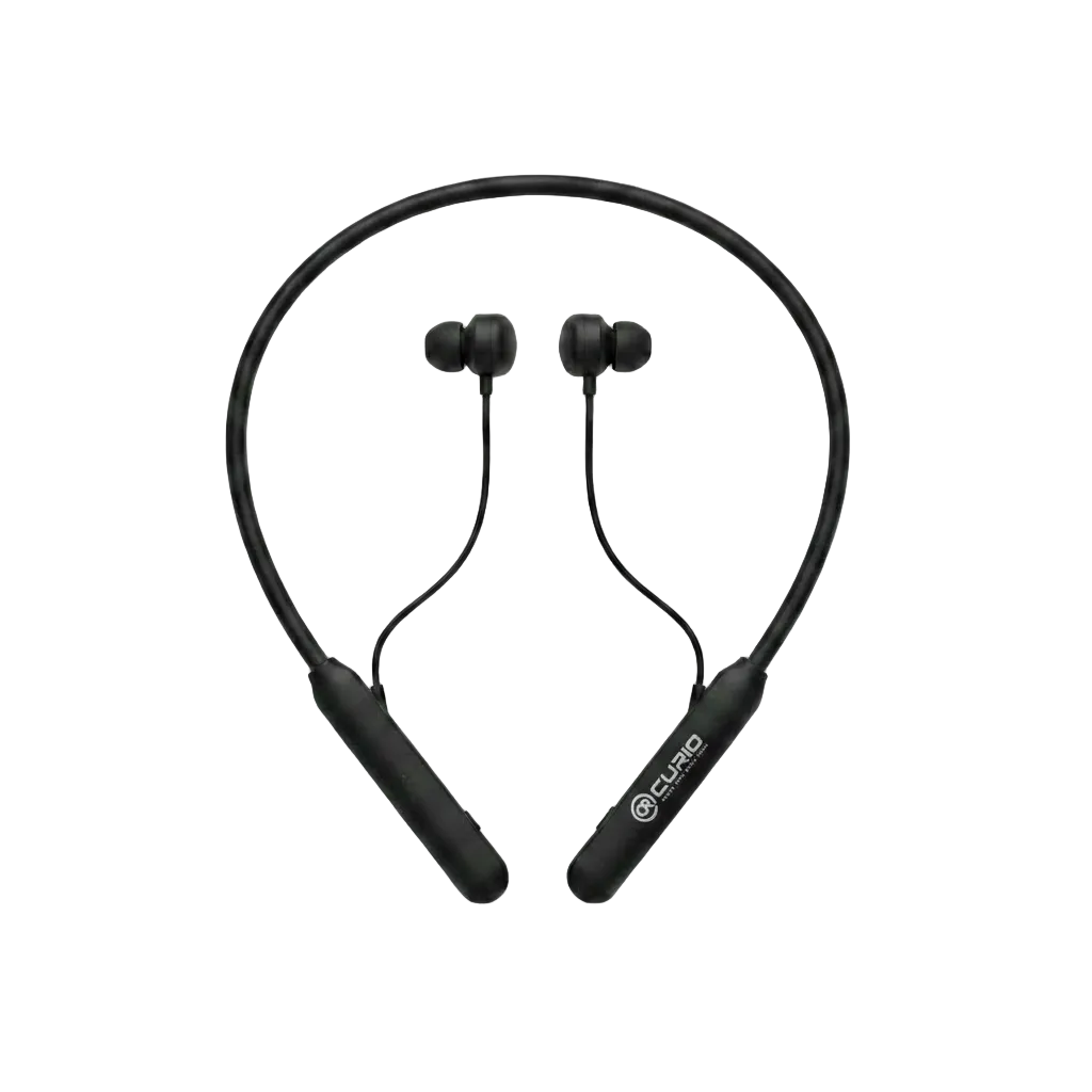 Black wireless neckband earphones with in-ear tips and a visible CUORE logo on the right side, photographed on a clean white background.