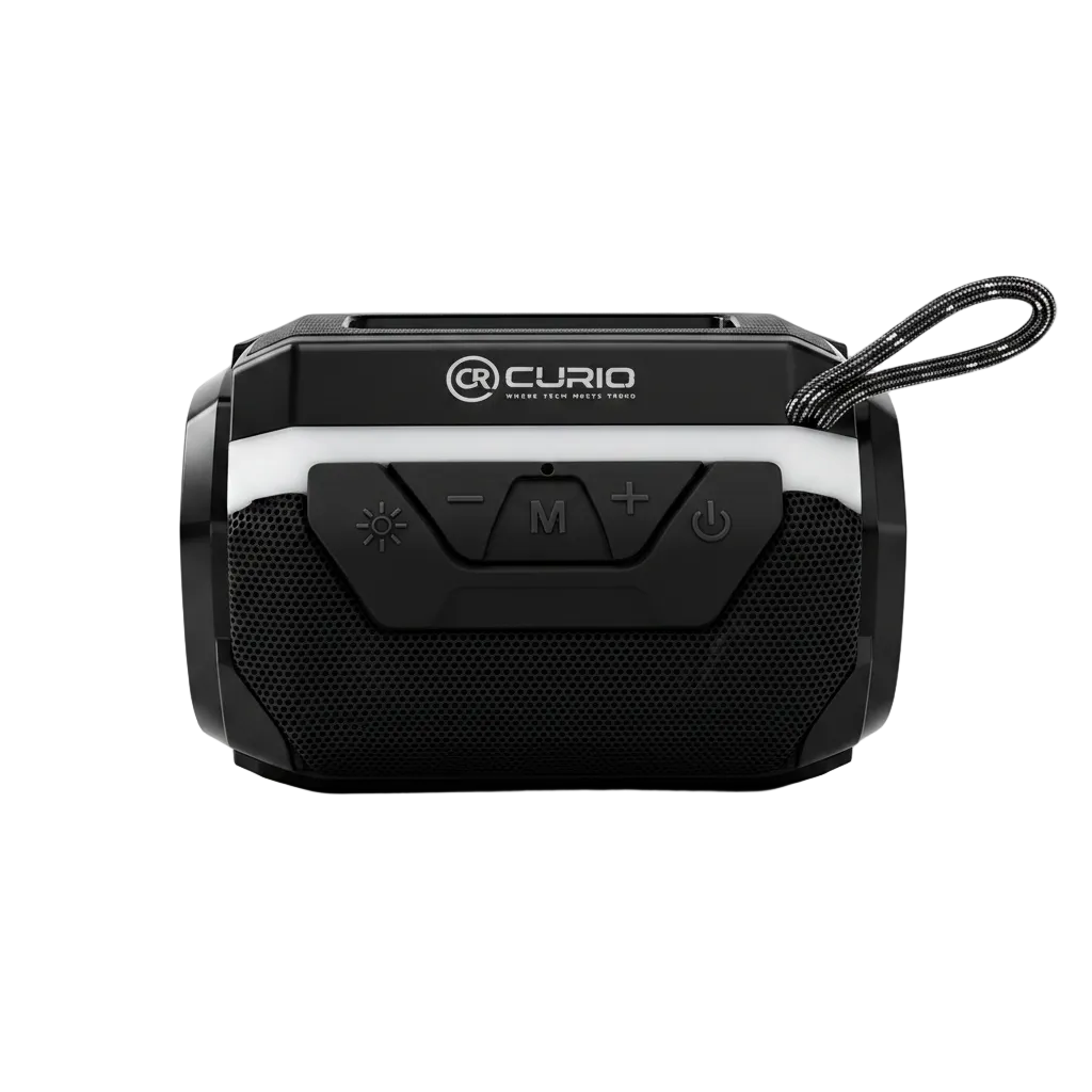 A black Curio portable Bluetooth speaker with a carrying loop, shown from a front-facing perspective on a clean white background.
