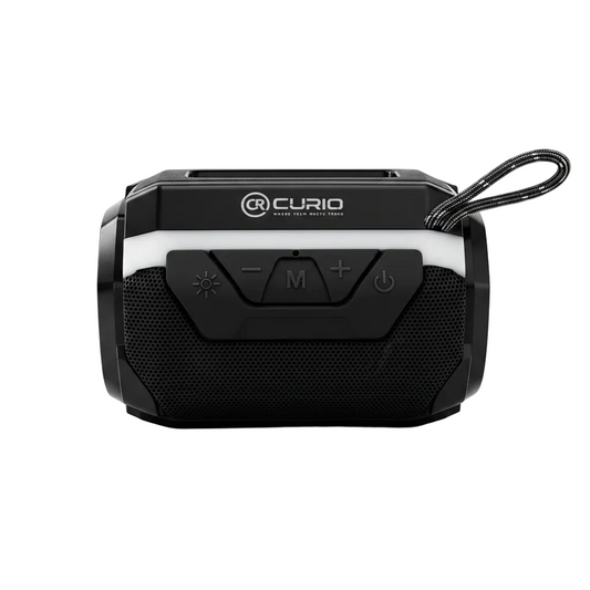 A black Curio portable Bluetooth speaker with a carrying loop, shown from a front-facing perspective on a clean white background.