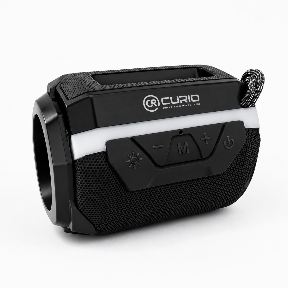 A black CURIO portable Bluetooth speaker with a white accent band, featuring a top carrying handle and front control buttons, shown on a clean white background.