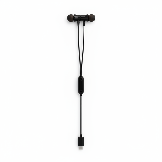 Black in-ear wireless headphones with a connecting cable, inline remote control, and a USB-C connector, shown against a plain white background.